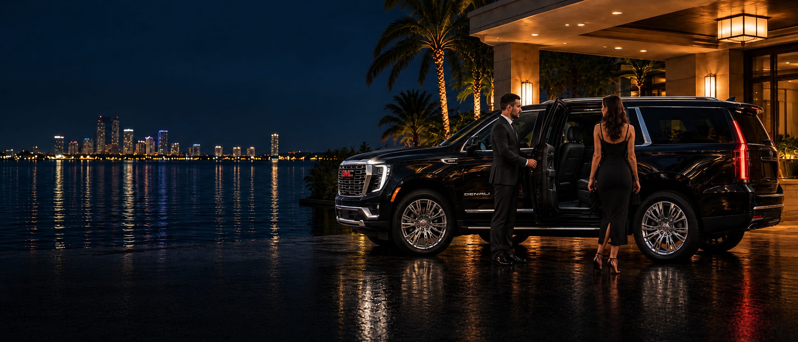 A chauffeur holding the rear door of a black GMC Yukon Denali open for a guest outside a waterfront hotel entrance at night, with the city skyline across the water