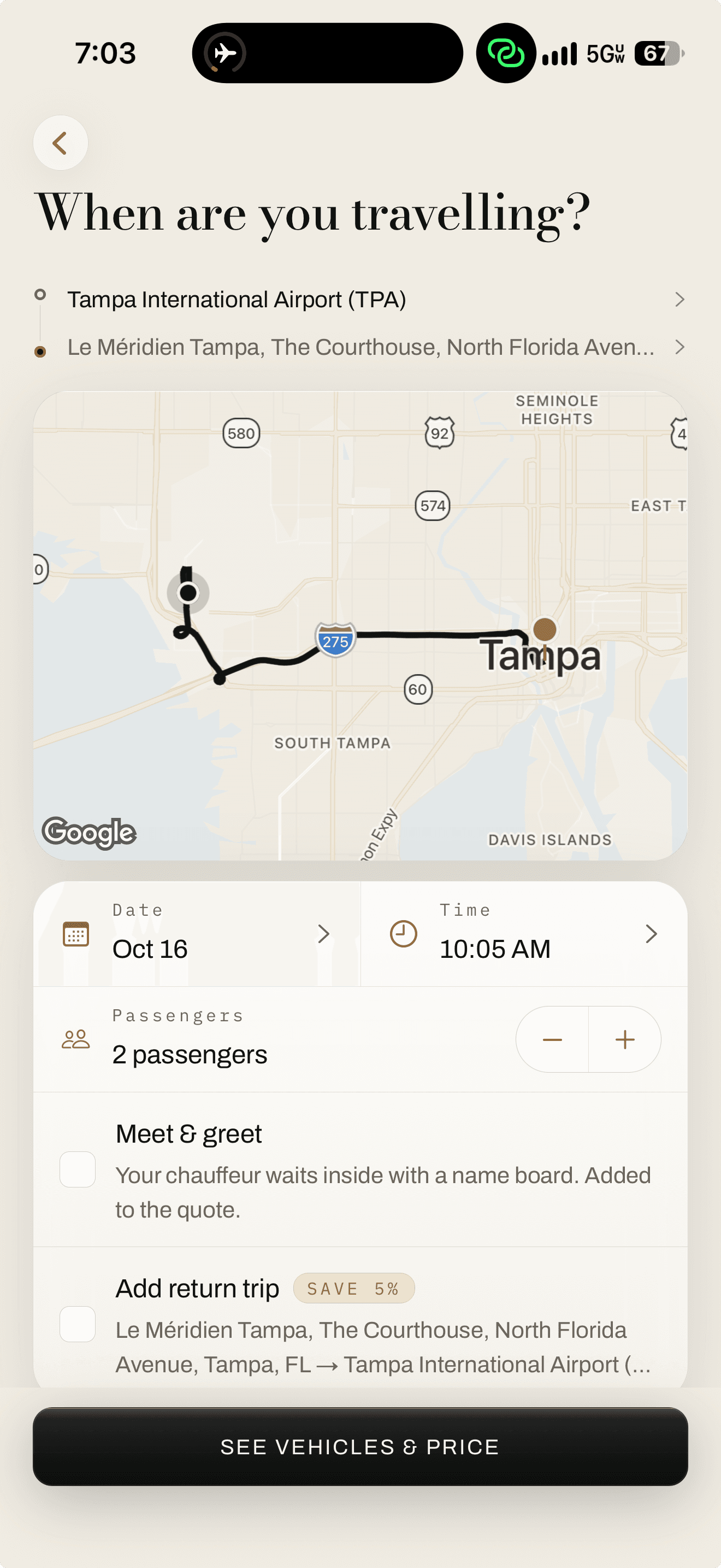 The Max Luxury app asking when you are travelling, showing the route on a map with date, time and passenger count