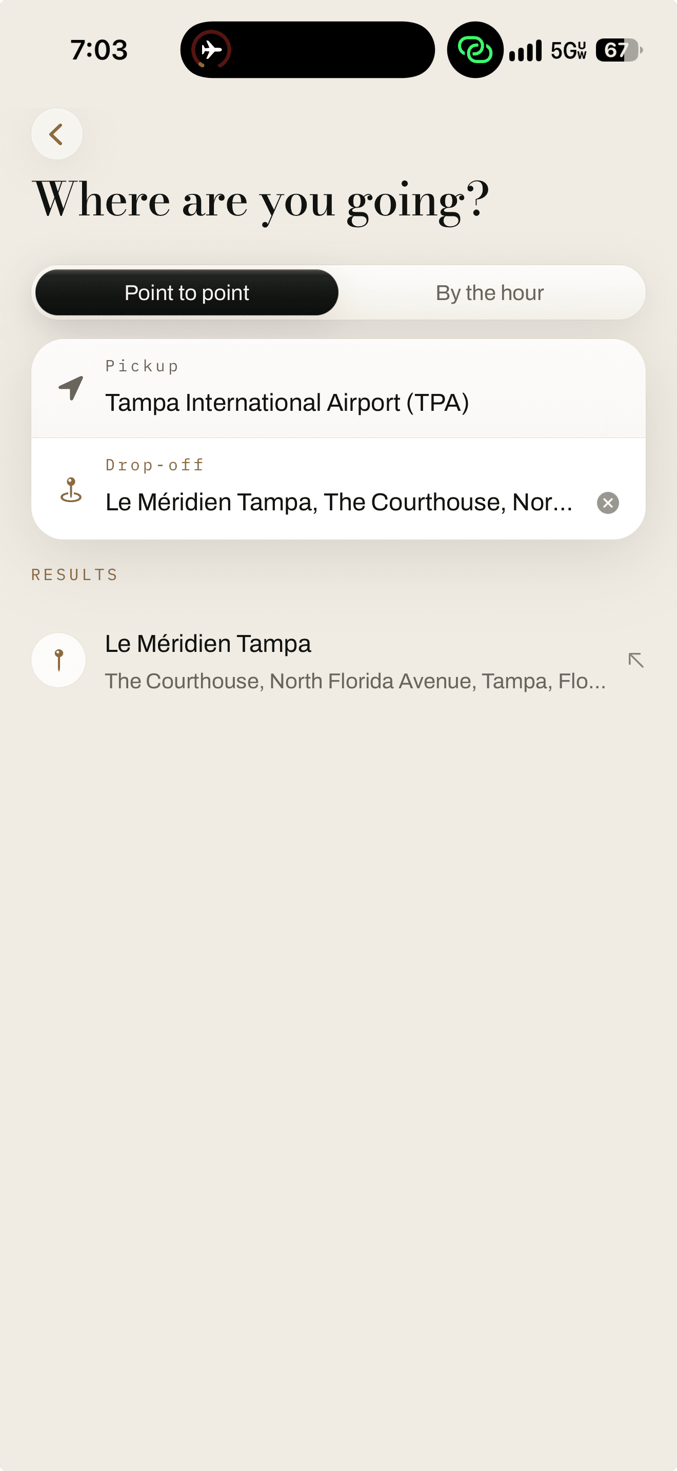The Max Luxury app asking where you are going, with Tampa International Airport as the pickup and Le Méridien Tampa as the drop-off