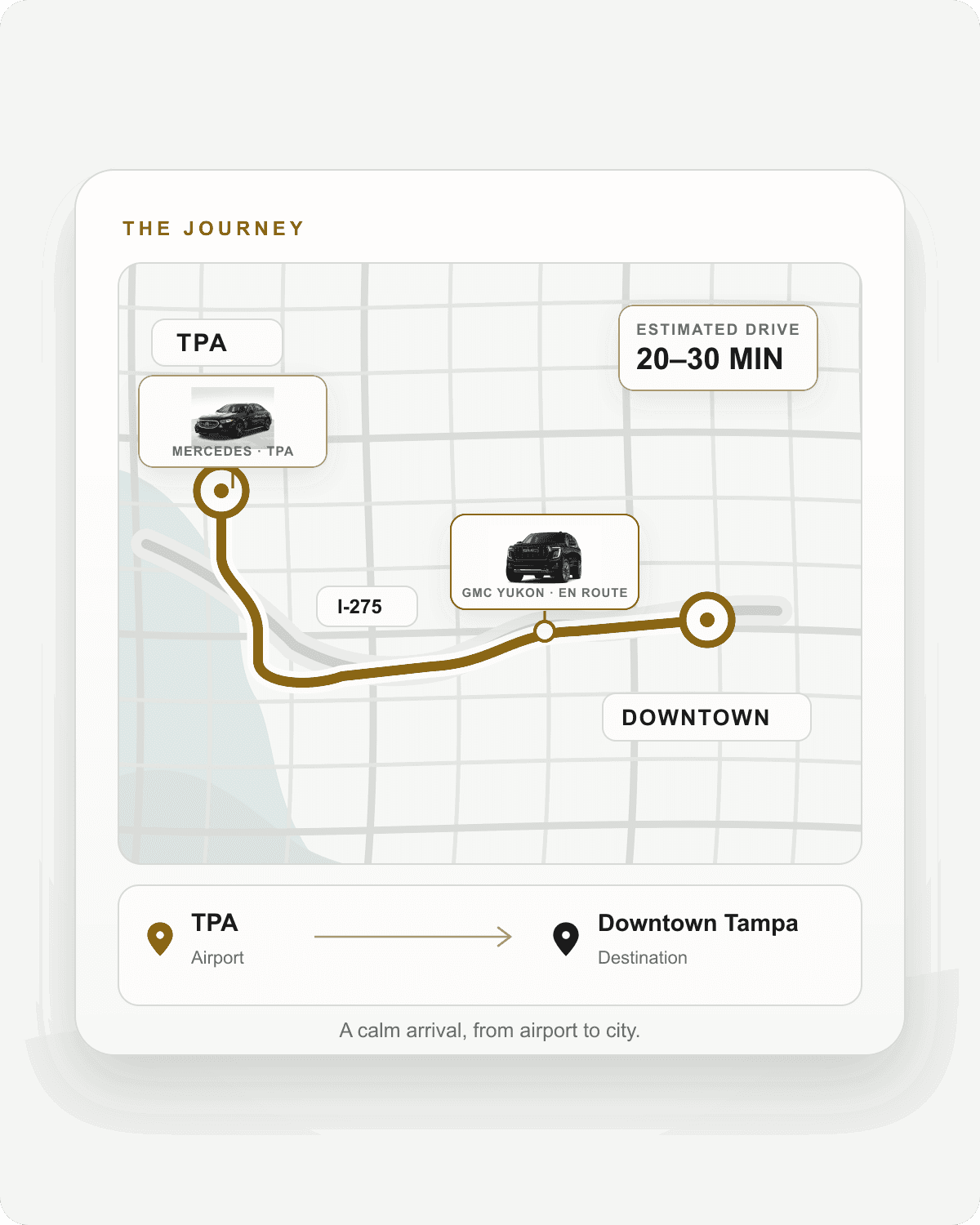 An illustrative example: a schematic route from Tampa International Airport east to Downtown Tampa, with vehicle markers and a sample 20 to 30 minute drive estimate