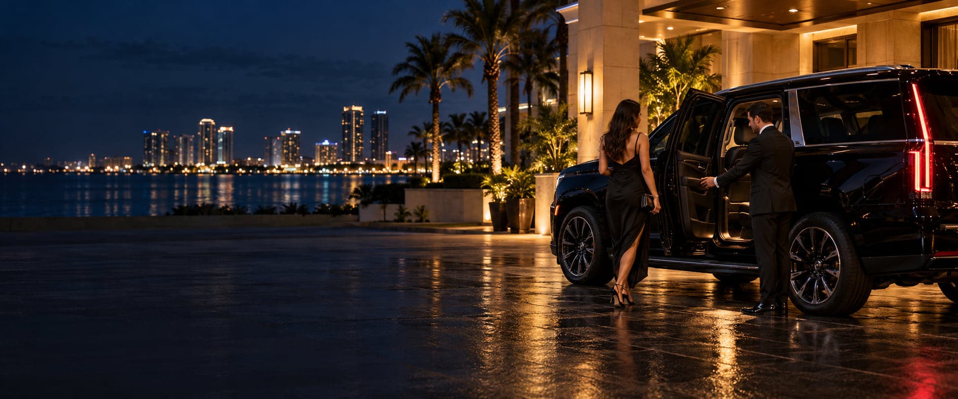 A chauffeur holding the rear door of a black SUV open for a guest outside a Tampa Bay waterfront hotel entrance at night