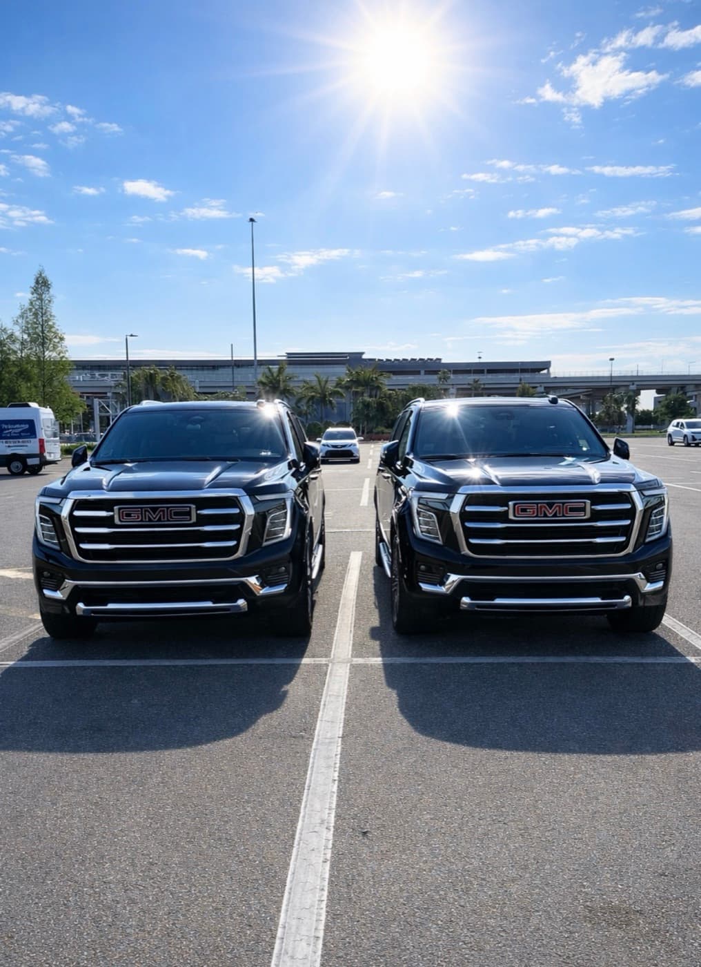 Two black GMC Yukons staged for a day-after wedding brunch and airport send-off in Tampa Bay