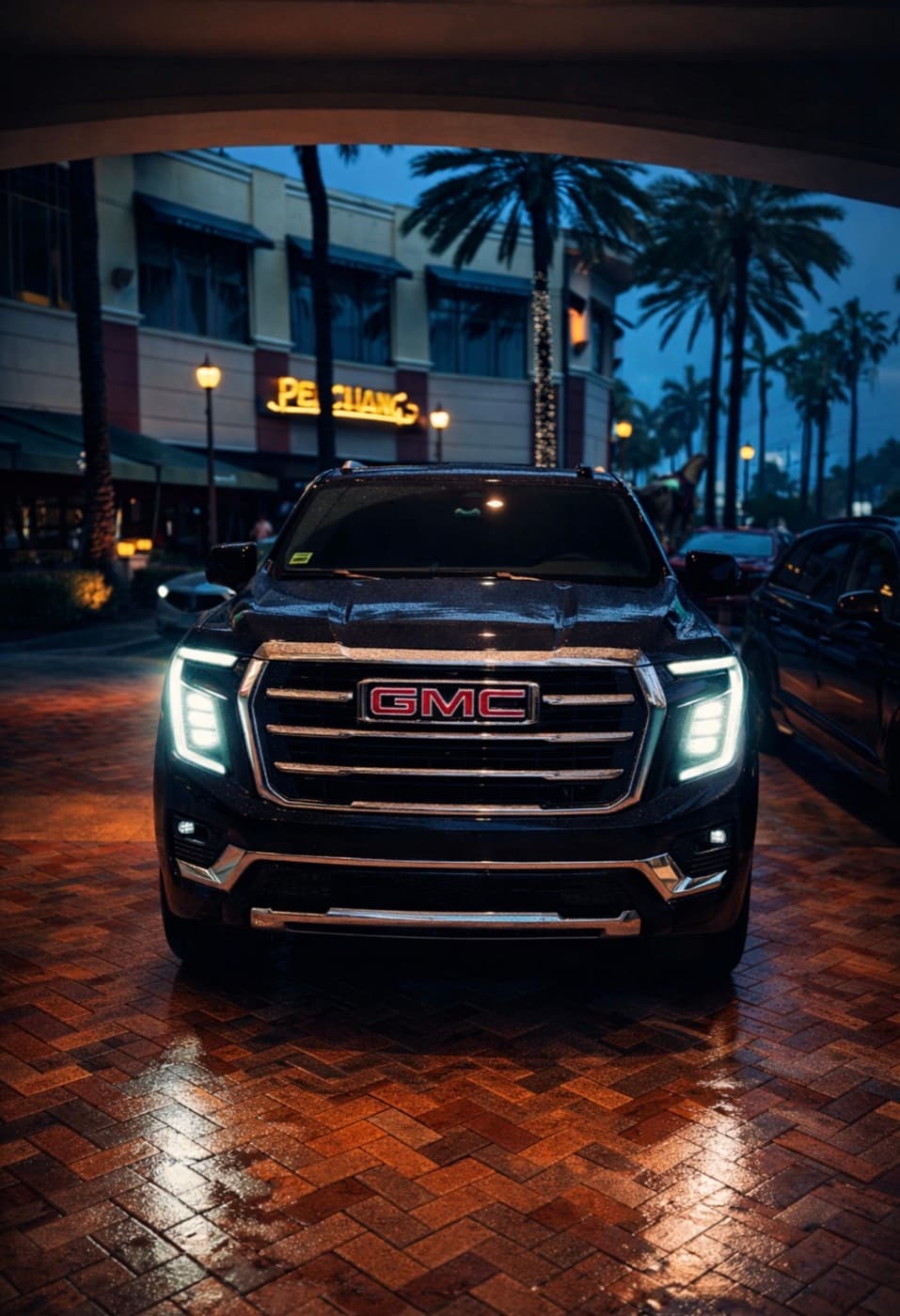 Black GMC Yukon executive SUV outside a Tampa corporate tower for a business ground-transportation program