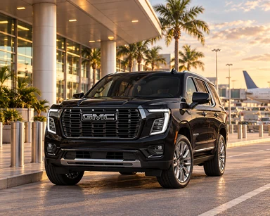 A black GMC Yukon at an airport terminal kerb in late-afternoon light