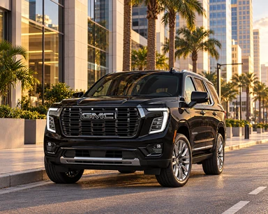 A black GMC Yukon on a downtown Tampa office street in late-afternoon light