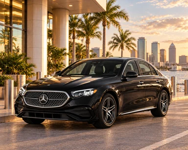 A black Mercedes-Benz E 350 by the Tampa waterfront with the downtown skyline behind it