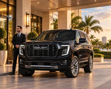 A suited chauffeur standing beside a black GMC Yukon at a hotel entrance in late-afternoon light